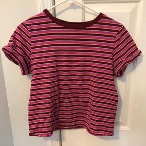 Pink, Burgundy and White striped tee shirt.